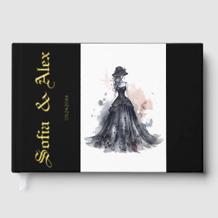 Gothic watercolor roses black wedding  foil guest book
