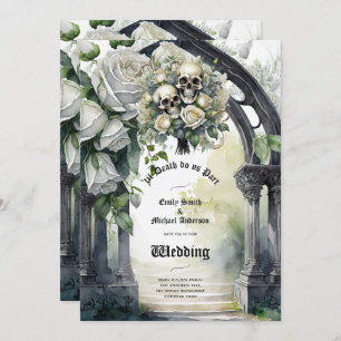 Gothic Wedding Black and White Roses Skulls Floral Invitation