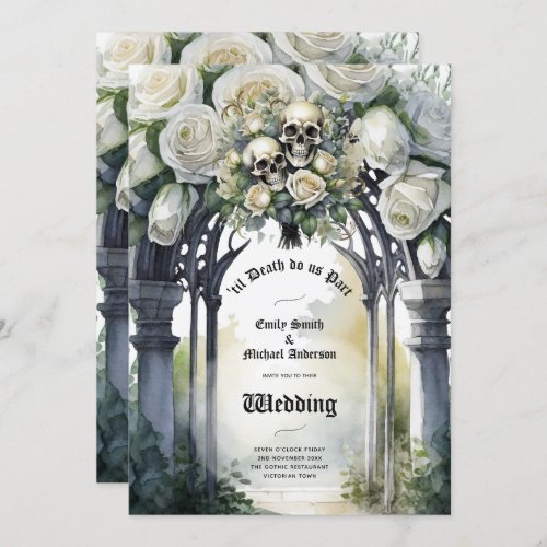 Gothic Wedding Black and White Roses Skulls Floral Invitation