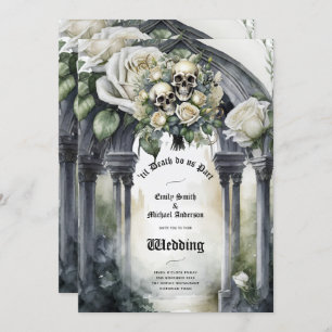 Gothic Wedding Black and White Roses Skulls Floral Invitation