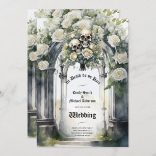 Gothic Wedding Black and White Roses Skulls Floral Invitation