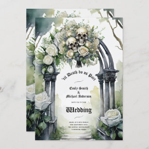 Gothic Wedding Black and White Roses Skulls Floral Invitation