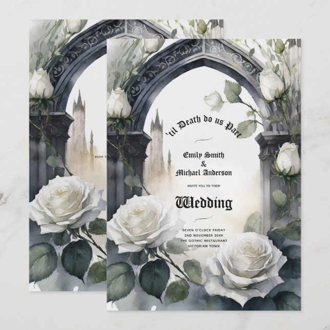 Gothic Wedding Black and White Roses Skulls Floral Invitation (Front/Back)