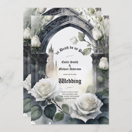Gothic Wedding Black and White Roses Skulls Floral Invitation