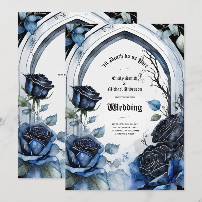Gothic Wedding Black Blue Roses Arch Alternative Invitation (Front/Back)