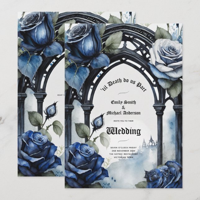 Gothic Wedding Black Blue Roses Arch Alternative Invitation (Front/Back)