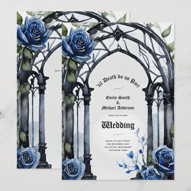 Gothic Wedding Black Blue Roses Arch Alternative Invitation (Front/Back)