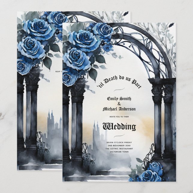 Gothic Wedding Black Blue Roses Arch Alternative Invitation (Front/Back)