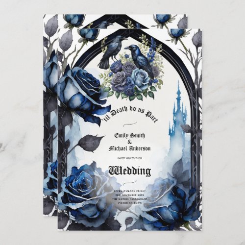 Gothic Wedding Black Blue Roses Ravens Invitation