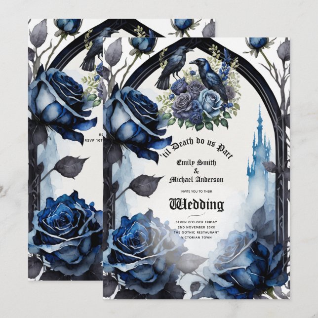Gothic Wedding Black Blue Roses Ravens Invitation (Front/Back)