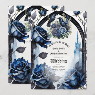 Gothic Wedding Black Blue Roses Ravens Invitation