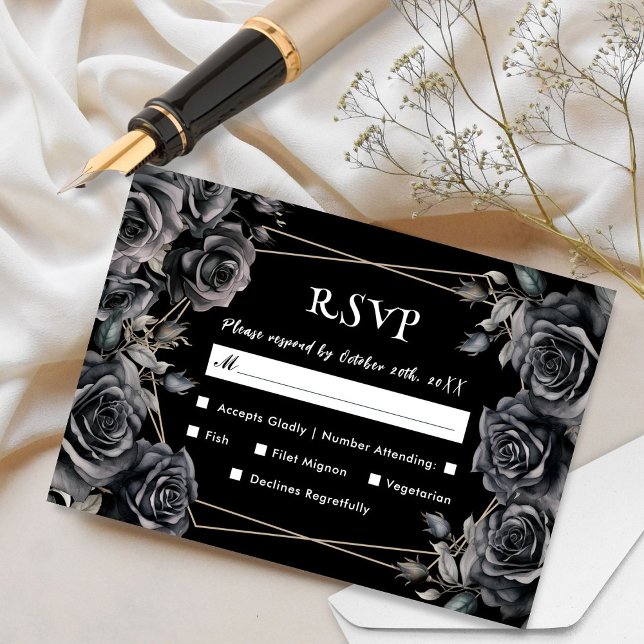 Gothic Wedding  Black Dark Floral RSVP Cards (Creator Uploaded)