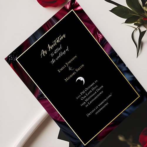 Gothic Wedding Black Red Satin Crescent Moon Gold Foil Invitation