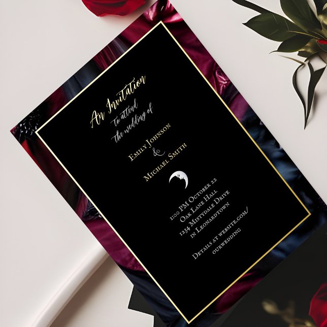Gothic Wedding Black Red Satin Crescent Moon Gold Foil Invitation (Creator Uploaded)