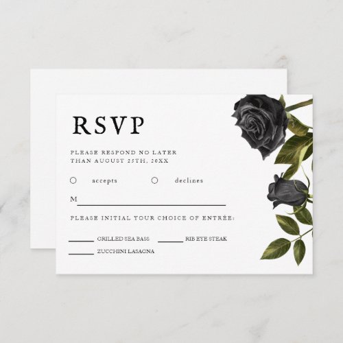 Gothic Wedding Black Rose Meal Choice  RSVP Card