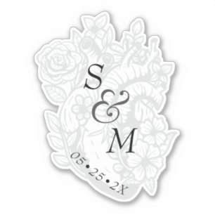 Gothic Wedding Date White Spooky Heart Monogram Sticker