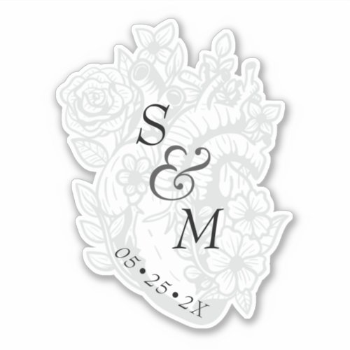 Gothic Wedding Date White Spooky Heart Monogram Sticker