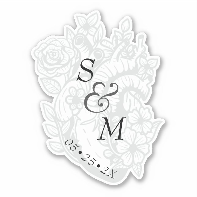 Gothic Wedding Date White Spooky Heart Monogram Sticker (Front)