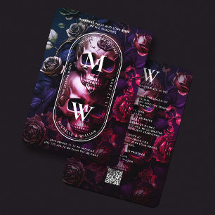 Gothic Wedding Elegant Red Gold Skull Roses Invitation