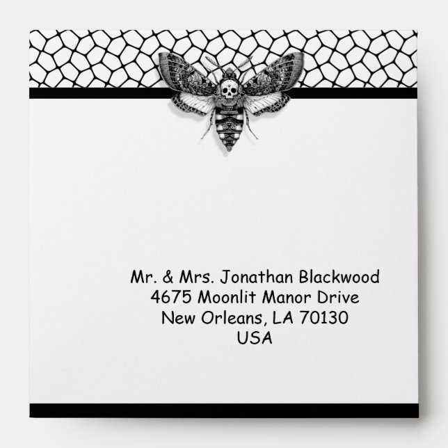 Gothic Wedding Envelope – Skull Moth & Lace Design (Front)