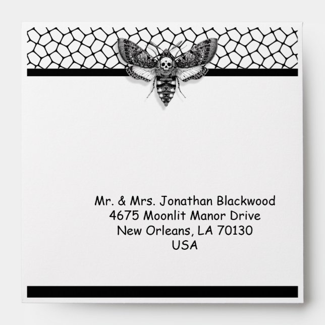 Gothic Wedding Envelope – Skull Moth & Lace Design (Front)