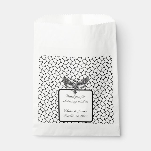 Gothic Wedding Favor Bag Moth & Lace Black & White (Front)