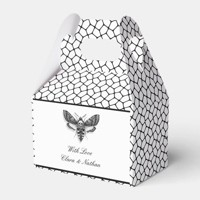 Gothic Wedding Favor Box – Moth & Lace Black & Whi (Front Side)