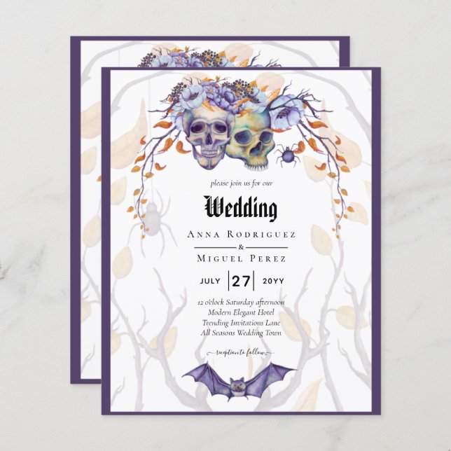 Gothic Wedding Invitation Purple Orange Skulls (Front/Back)