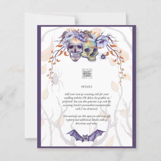 Gothic Wedding Invitation Purple Orange Skulls (Back)
