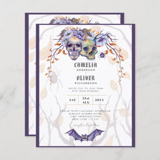 Gothic Wedding Invitation Purple Orange Skulls (Front/Back)