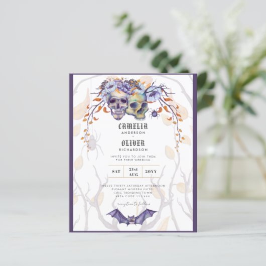 Gothic Wedding Invitation Purple Orange Skulls (Standing Front)