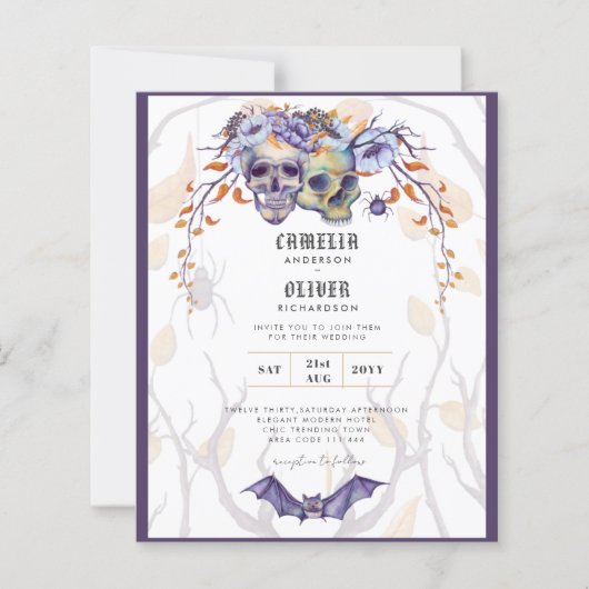 Gothic Wedding Invitation Purple Orange Skulls (Front)
