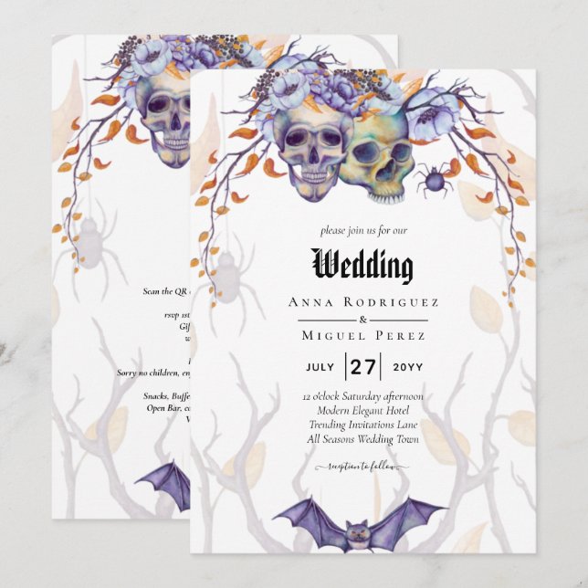 Gothic Wedding Invitation Purple Orange Skulls (Front/Back)