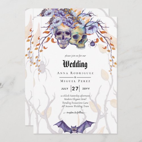Gothic Wedding Invitation Purple Orange Skulls