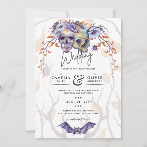 Gothic Wedding Invitation Purple Orange Skulls