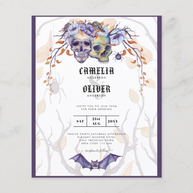 Gothic Wedding Invitation Purple Orange Skulls Flyer (Front)