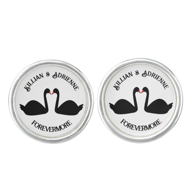 Gothic Wedding Kissing Black Swans Custom Cufflinks (Front)
