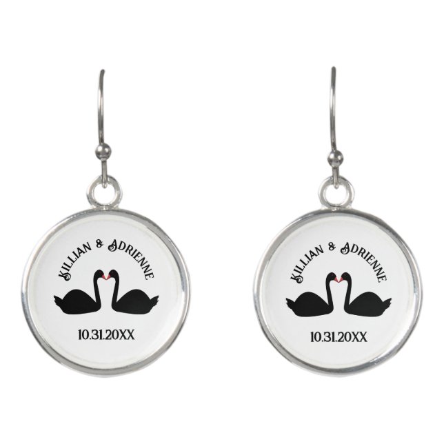 Gothic Wedding Kissing Black Swans Custom Earrings (Front)