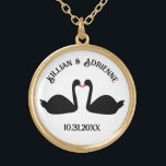 Gothic Wedding Kissing Black Swans Custom Gold Plated Necklace<br><div class="desc">This beautiful Wedding necklace features a digital art image of a pair of beautiful black swans facing each other and looking like they are kissing. They are black with red eyes and beaks. There is custom text so you can include the names of the happy couple and the Wedding date....</div>