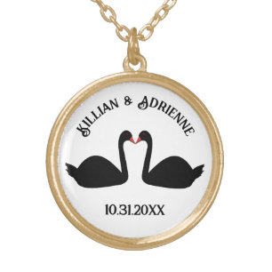 Gothic Wedding Kissing Black Swans Custom Gold Plated Necklace