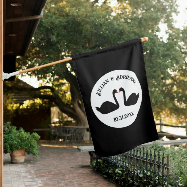 Gothic Wedding Kissing Black Swans Custom House Flag (In SItu)