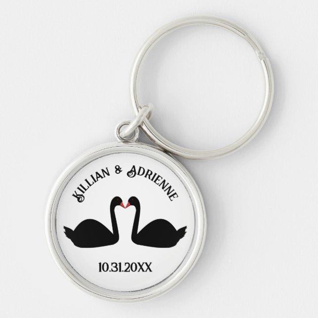 Gothic Wedding Kissing Black Swans Custom Keychain (Front)