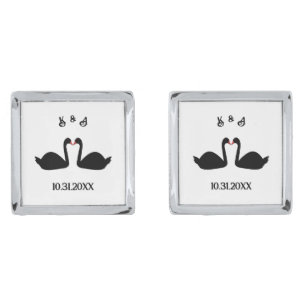 Gothic Wedding Kissing Black Swans Custom Monogram Cufflinks