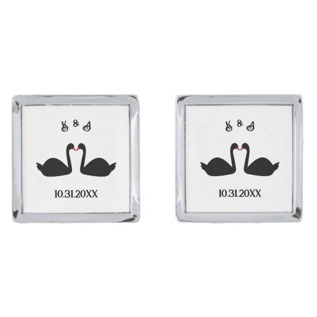 Gothic Wedding Kissing Black Swans Custom Monogram Cufflinks (Front)