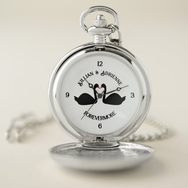 Gothic Wedding Kissing Black Swans Custom Pocket Watch (Inside)