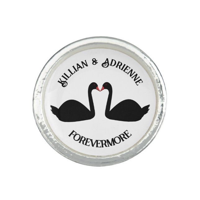 Gothic Wedding Kissing Black Swans Custom Ring (Front)