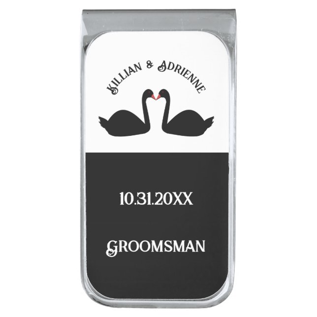 Gothic Wedding Kissing Black Swans Custom Silver Finish Money Clip (Front Vertical)