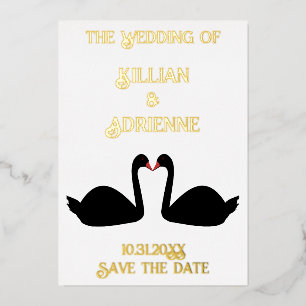 Gothic Wedding Kissing Black Swans Save the Date Foil Holiday Card