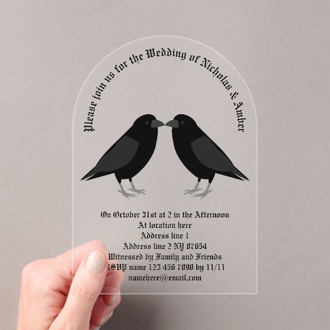 Gothic Wedding Kissing Ravens Custom Acrylic Invitations (Insitu (Handheld))