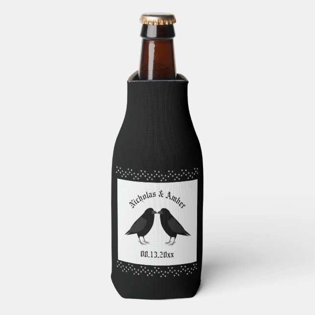 Gothic Wedding Kissing Ravens Custom Bottle Cooler (Bottle Front)